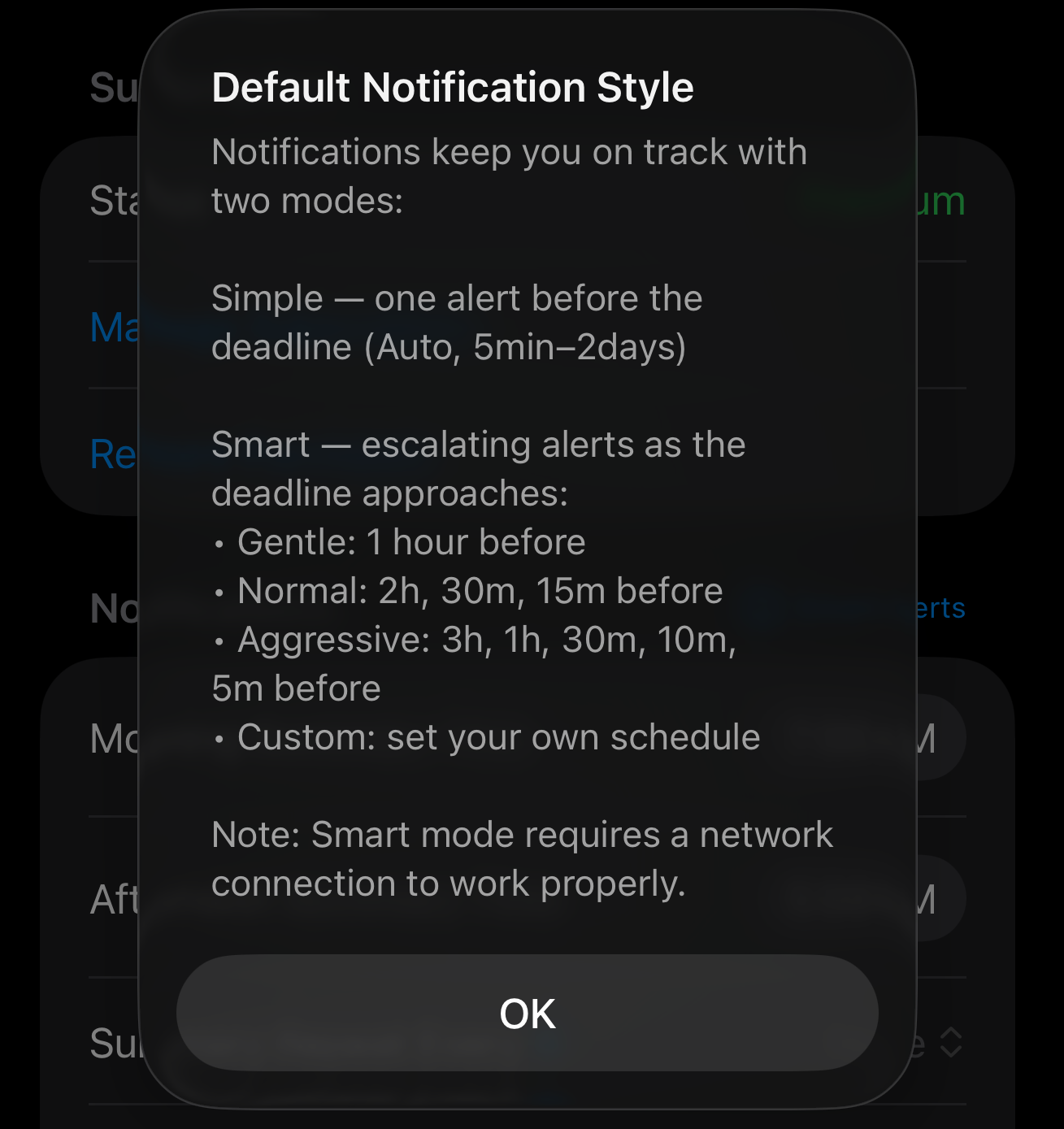 Smart Snooze info screen showing intensity options