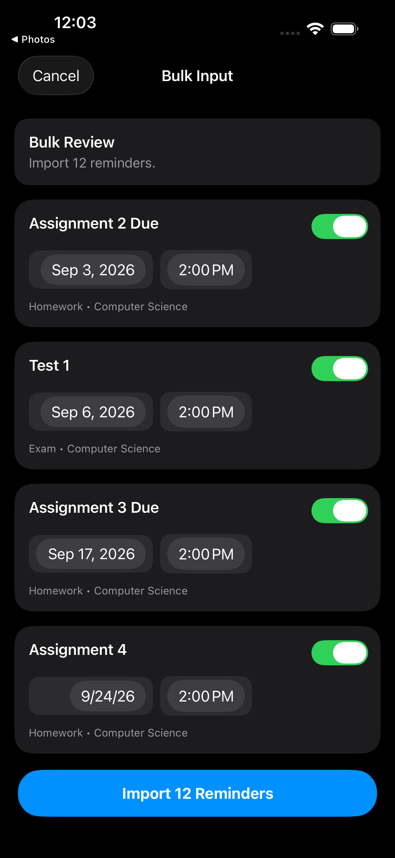 Recalli turning a bulk input into structured reminders